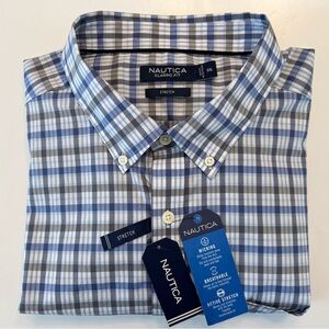 Nautica Classic Fit Stretch XXL XX-large Shirt Button Front Blue Grey Plaid NWT